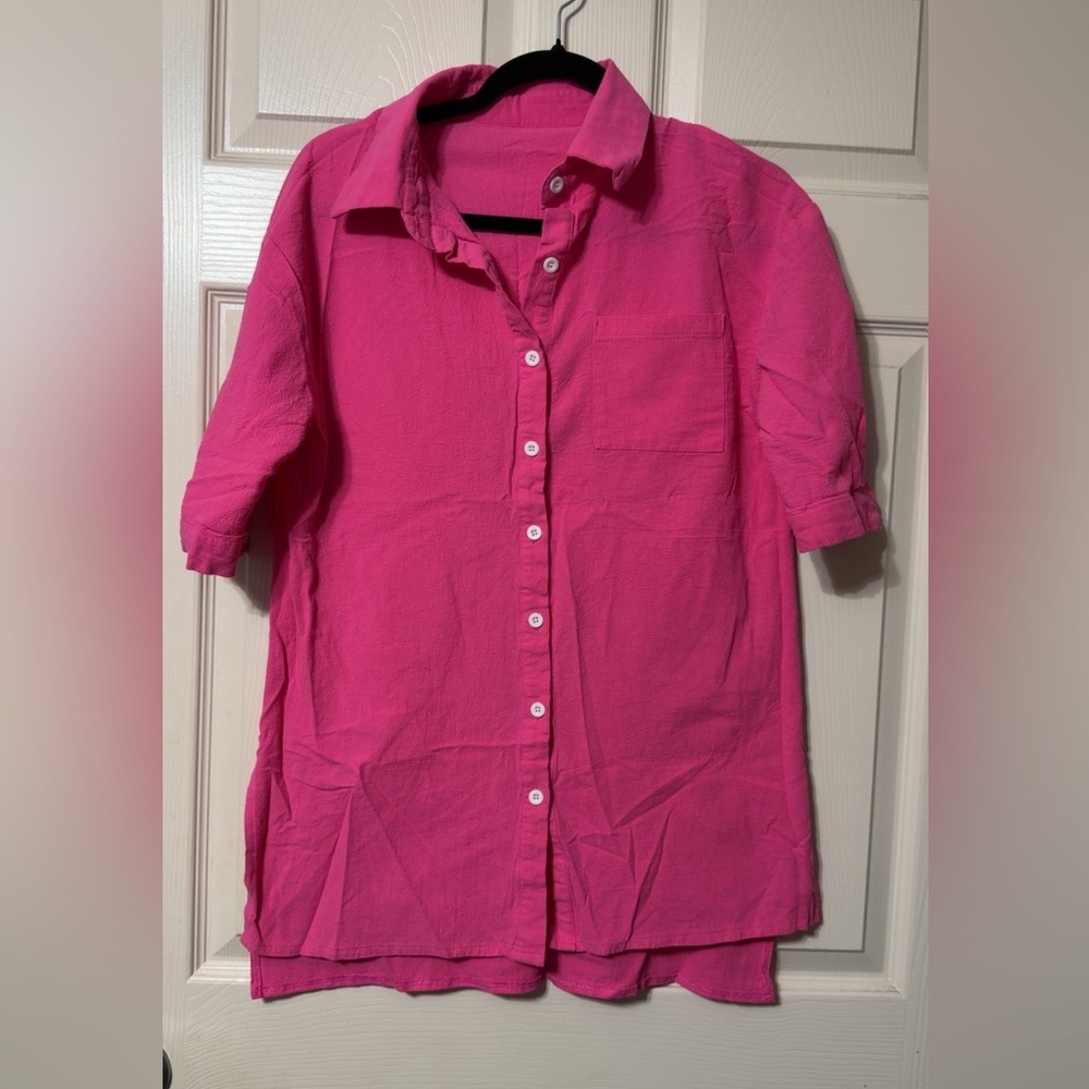 2 Piece Bright Pink Button-Up Short Set